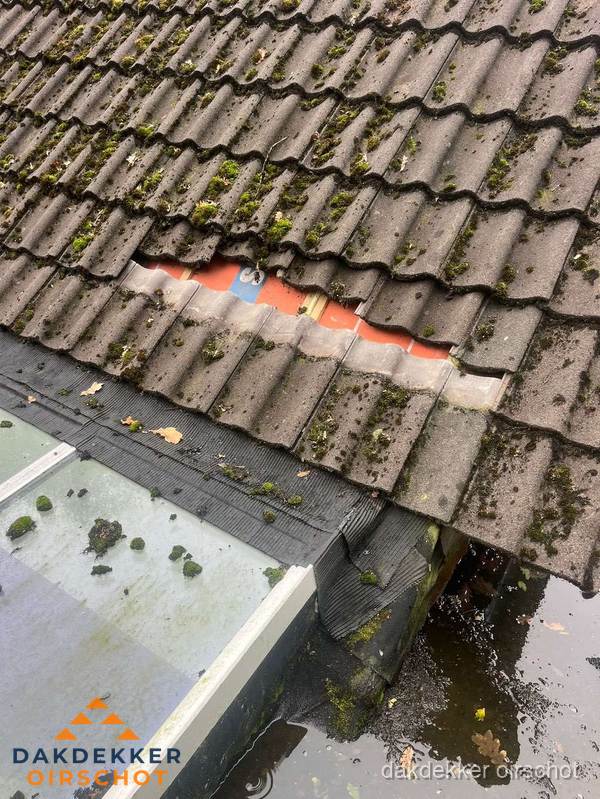 Beschadigd pannendak met ontbrekende dakpannen voor reparatie in Oirschot