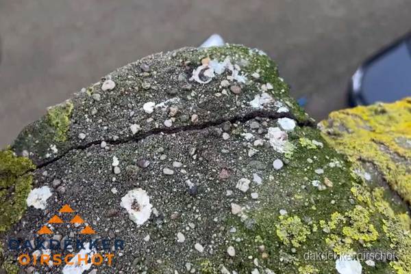 Beschadigde en verweerde nokvorst met scheuren en mos in Oirschot