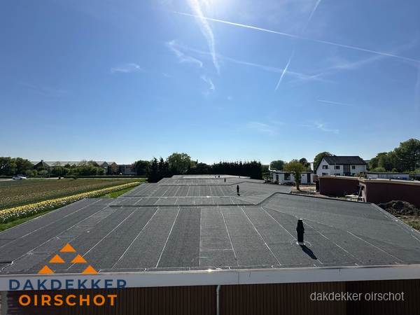 Groot plat dak met bitumen dakbedekking op bedrijfspand in Oirschot
