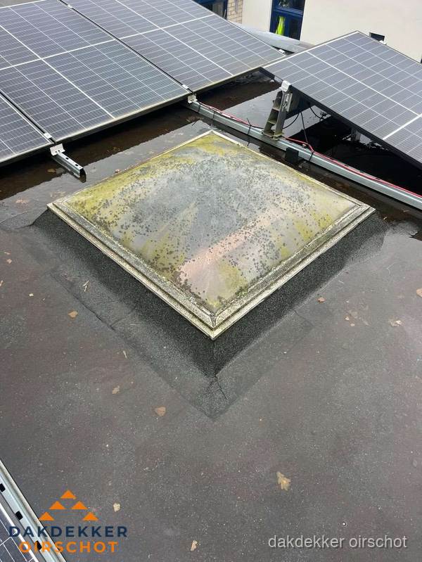 Vervuilde lichtkoepel op plat dak met zonnepanelen in Oirschot