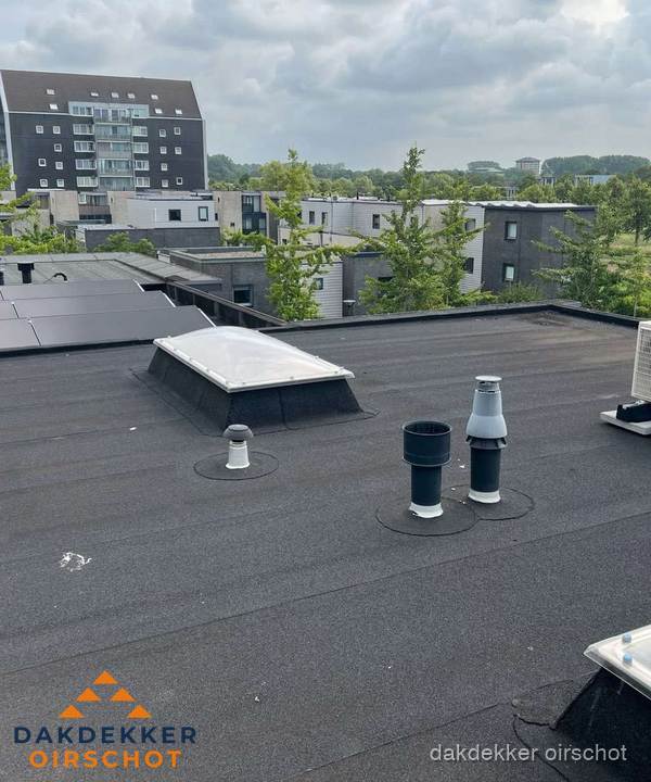 Groot plat dak met lichtkoepel en dakdoorvoeren in Oirschot